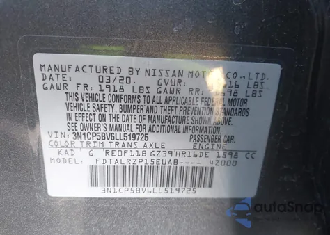 2020 Nissan Kicks S Xtronic Cvt z USA, uszkodzony, nr VIN 3N1CP5BV6LL519725